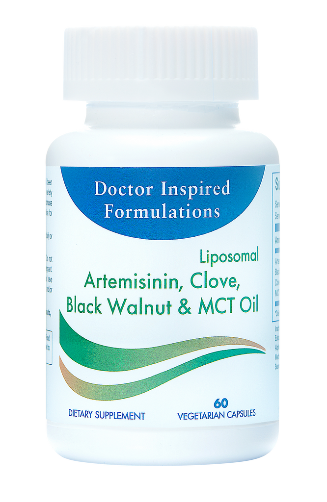 A bottle of Doctor Inspired Formulations dietary supplement containing Liposomal Artemisinin, Clove, Black Walnut & MCT Oil with 60 vegetarian capsules.