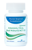 A bottle of Doctor Inspired Formulations dietary supplement containing Liposomal Artemisinin, Clove, Black Walnut & MCT Oil with 60 vegetarian capsules.