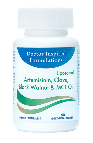 A bottle of Doctor Inspired Formulations dietary supplement containing Liposomal Artemisinin, Clove, Black Walnut & MCT Oil with 60 vegetarian capsules.