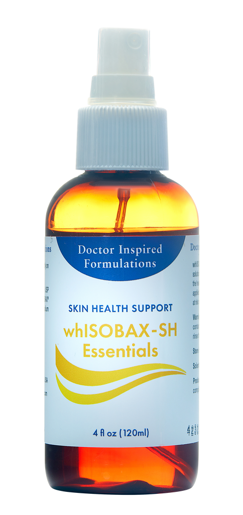 A spray bottle labeled 'skin health support WHISOBAX-SH essentials' with a clear liquid visible inside.