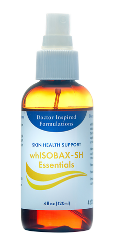 A spray bottle labeled 'skin health support WHISOBAX-SH essentials' with a clear liquid visible inside.